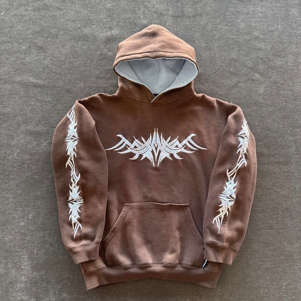 Silver Point Brown Tribal Embroidered Hoodie Mens Medium Y2K Streetwear Hoodie M